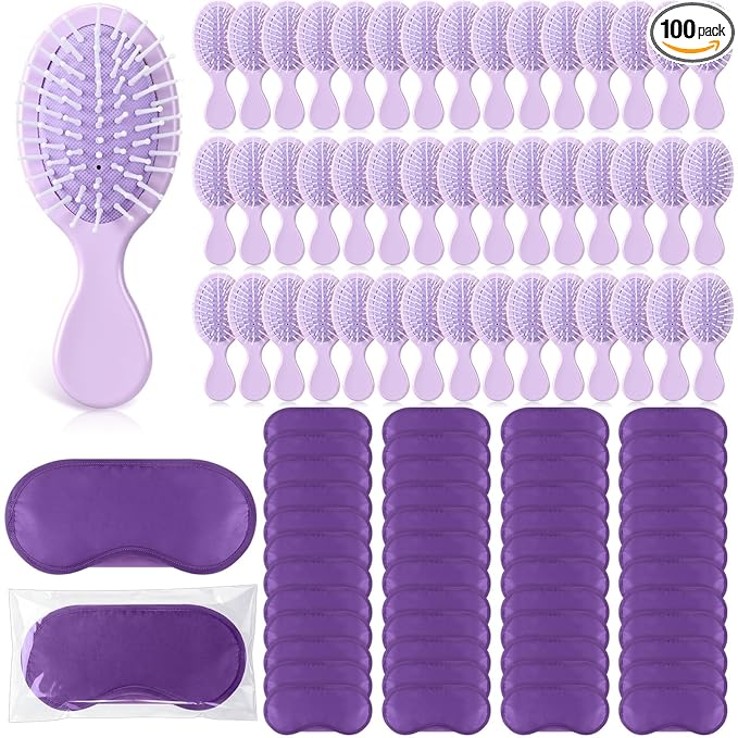 Meanplan 100 Pcs Mini Hair Brush Set 50 Sleep Mask 50 Portable Wet Dry Hair Combs Detangling for Women Spa Sleepover Party Supplies for Travel Team Building Wedding Bridesmaid Gifts(Purple)