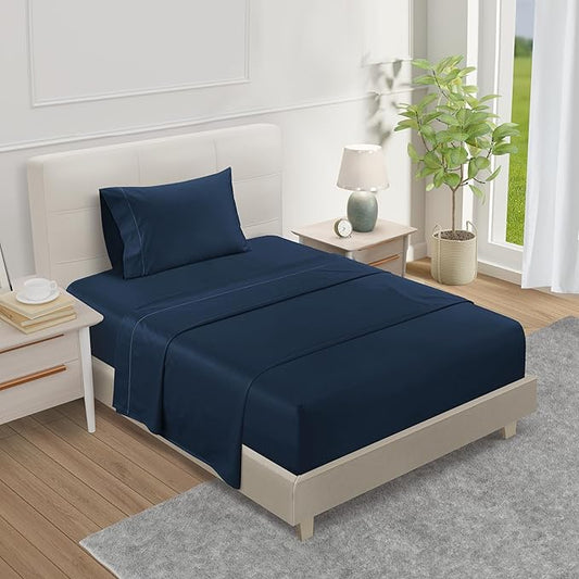 800 Thread Count 100% Egyptian Cotton XL 3PC Sateen Weave Twin Sheets Set for Twin Matress, 15" Deep Pocket Sheets, No Pilling Machine Washabe Fade Resistant Luxury Hotel Bedding - Dark Denim