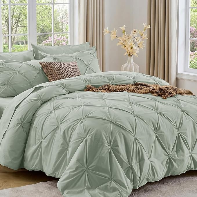 Sasttie Queen Comforter Set, 7-Piece Bed in a Bag, Pintuck Bedding Set for All Season, Includes Comforter, Flat Sheet, Fitted Sheet, Pillowcases and Pillowshams, Dusty Green