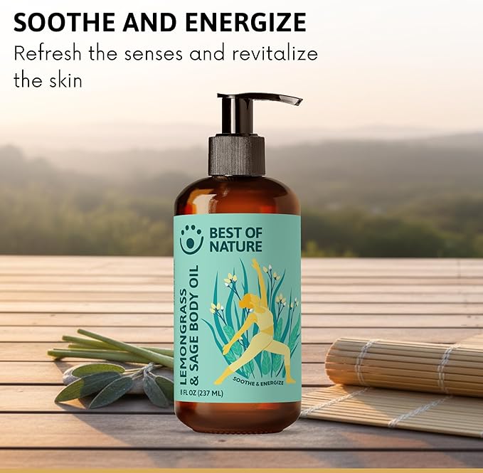 Best of Nature Lemongrass & Sage Aromatherapy Massage Oil – Non-Greasy Body Oil for Skin, Face & Massage – Uplifting Essential Oil Blend – 8 fl oz