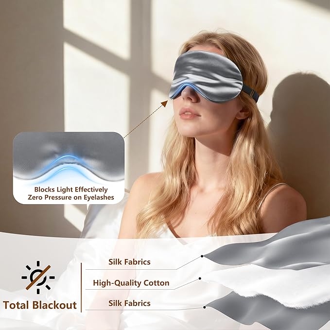 Sleep Mask Silk Eye Mask for Men Sleeping Mask, Adjustable Elastic Strap for Night Shading Sleep Mask, Soft and Comfortable for Both Men and Women (Grey, 3 Packs)