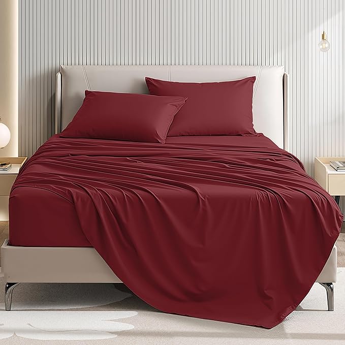 King Size 4 Piece Sheet Set - Comfy Breathable & Cooling Bed Sheets Set, Soft and Wrinkle Free, Deep Pockets, Easy & Secure Fit, Hotel Luxury Bedding for Women, Men - Oeko-Tex - Burgundy