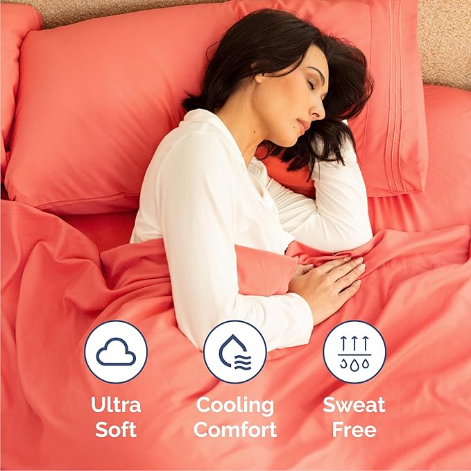 Cal King Size 4 Piece Sheet Set - Comfy Breathable & Cooling Sheets - Hotel Luxury Bed Sheets for Women & Men - Deep Pockets, Easy-Fit, Extra Soft & Wrinkle Free Sheets - Coral Oeko-Tex Bed Sheet Set