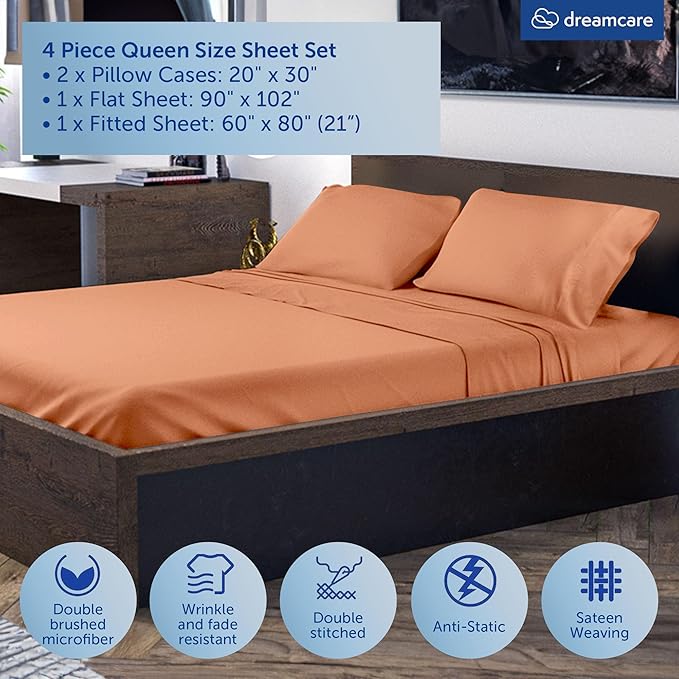 DREAMCARE Queen Size Sheets - Cooling Bed Sheets - 4pcs Set - up to 15" Deep Pocket Queen Sheet Set - Sheets Queen Size Bed - Soft & Long Lasting 100% Fine Brushed Polyester with Side Pocket Terracota