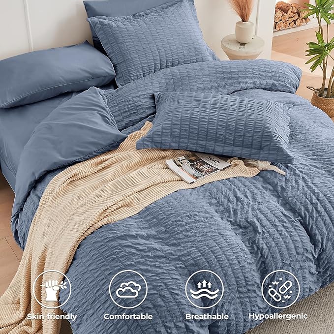 HYMOKEGE Nordic Blue King Size Comforter Set Seersucker 7 Pieces, All Season Luxury Bed in a Bag for Bedroom, Bedding Set with Comforter, Sheets, Pillowcases & Shams