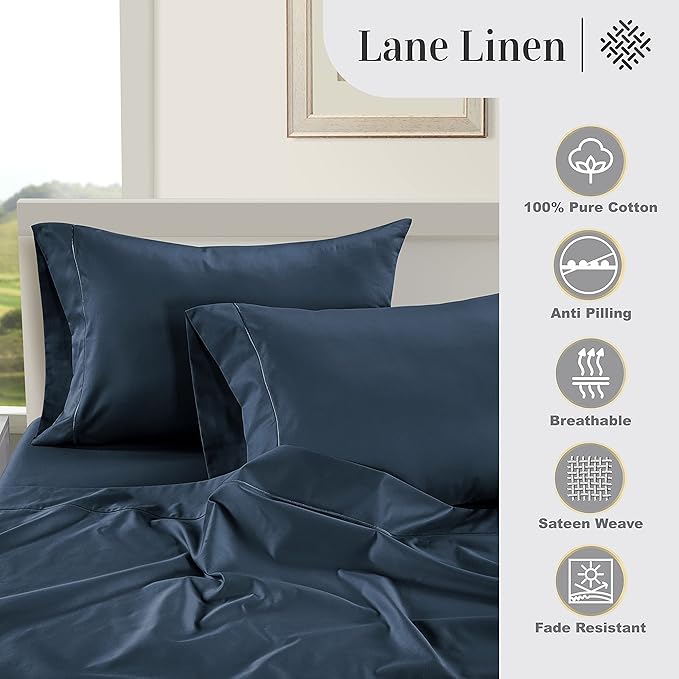 LANE LINEN 100% Egyptian Cotton Split King Sheets for Adjustable Beds - Soft & Comfy Sateen Weave Naturally Cooling Breathable Oeko Tex Certified Bed Sheets - Dark Denim