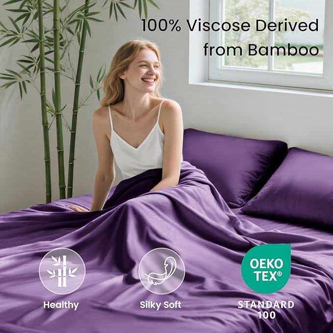 Love's cabin 3 Piece Twin Sheet Set, 100% Rayon Derived from Bamboo, Cooling & Breathable, Soft Silky Deep Pocket up to 16", Hotel Luxury Bedding for Hot Sleepers, Purple