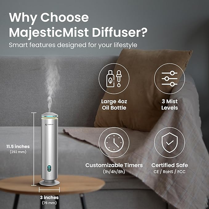 GentleJet MajesticMist Waterless Essential Oil Diffuser WiFi, Cold Air Nebulizing Scent Machine for Large Room (1000 sq ft), Smart App & Remote Control, Quiet Aluminum Diffuser, Plug-in