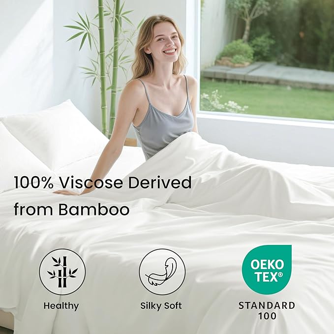 Love's cabin 4 Piece Full Size Sheet Set, 100% Rayon Derived from Bamboo, Cooling & Breathable, Soft Silky Deep Pocket up to 16", Hotel Luxury Bedding for Hot Sleepers, White
