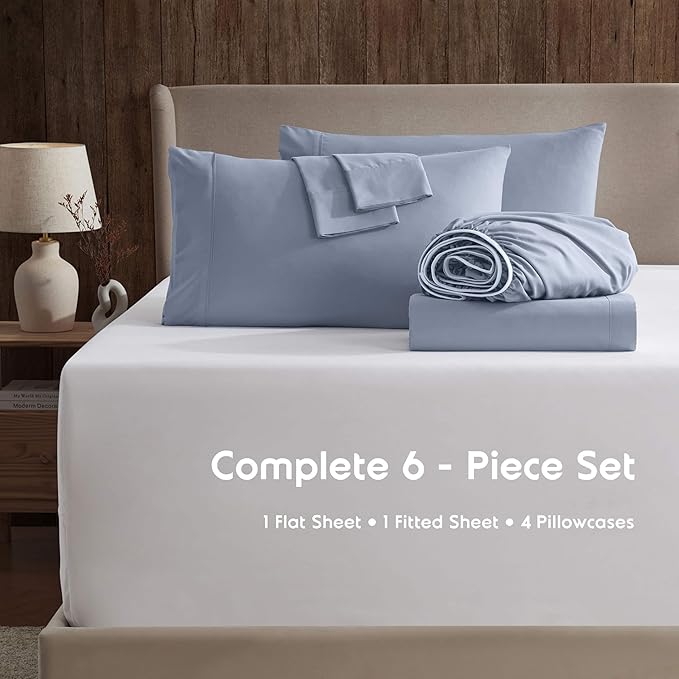 Nestl Extra Deep Queen Sheet Set - 6 Piece Breathable & Cooling Sheets - Hotel Luxury Bedding Set w/18-24 Inch Deep Pockets - Easy & Secure Fit - Super Soft, Wrinkle Free & Comfy - Stone Blue