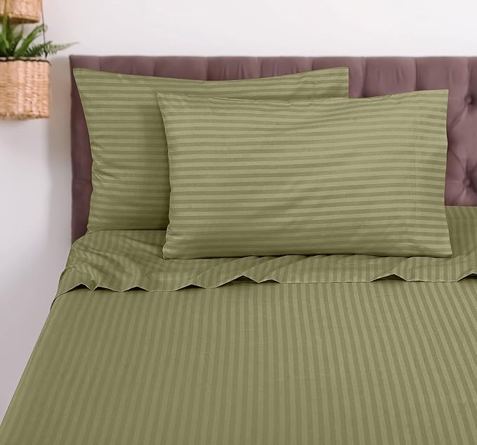 ROYALE LINENS 4 Piece Cal King Sheets Set - Soft Brushed Microfiber - 1 Fitted, 1 Flat Sheet, 2 Pillowcases - Wrinkle Free & Fade Resistant - Hotel Luxury Bed Sheets (Stripe Sage Green, Cal King)