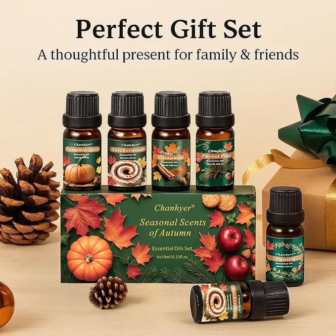 Fall Essential Oils Set 6 x 10ml-Pumpkin Spice, Apple Cider, Snickerdoodle, Vanilla, Cinnamon, Pine,Autumn Fragrance Oils for Diffuser, Home Scenting and Seasonal Gifts