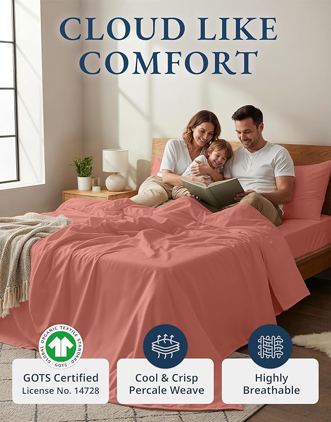 LANE LINEN 100% Organic Cotton Full Sheets Set, 4-Piece Pure Organic Cotton Percale Sheets, Long Staple Cotton Sheet, Ultra Soft Bedding Sheets, Breathable,Fits Mattress Upto 15" Deep - Rose Dawn