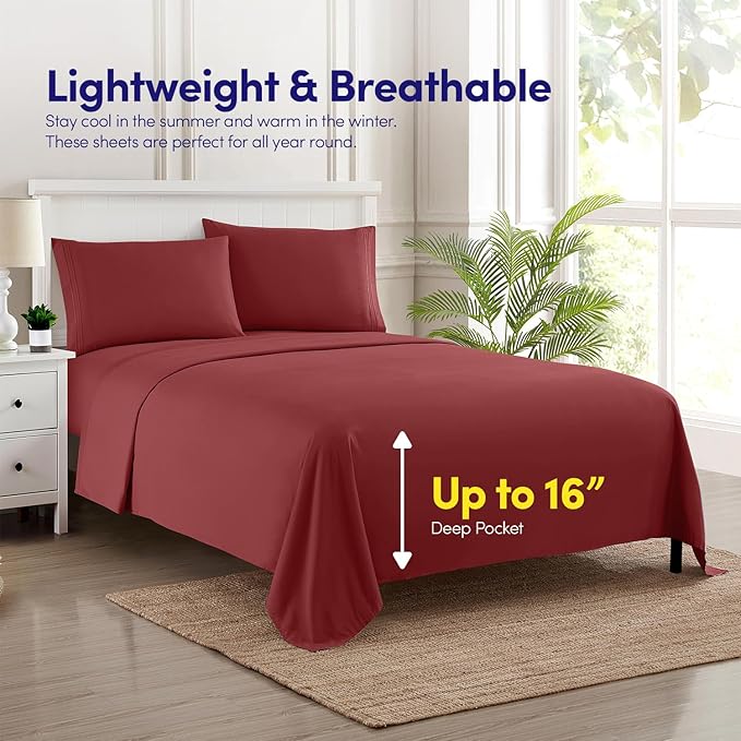 1500 Supreme Collection Full Sheet Sets Burgundy - Luxury Hotel Bed Sheets and Pillowcase Set for Full Mattress - Extra Soft, Elastic Corner Straps, Deep Pocket Sheets, Full Burgundy