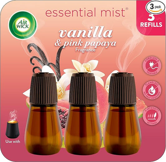 Air Wick Essential Mist Refill, 3 Ct, Vanilla and Pink Papaya, Essential Oils Diffuser, Air Freshener