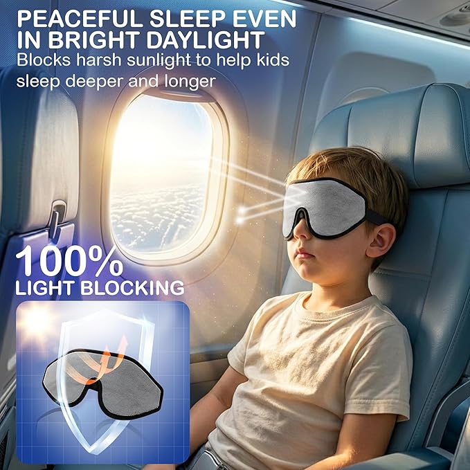 3D Sleep Mask for Kids, Light Block Sleeping Blindfold Memory Foam Contoured Eye Mask for Sleep, Adjustable Strap Eye Cover and Travel Sleep Mask for Boys Girls, Grey