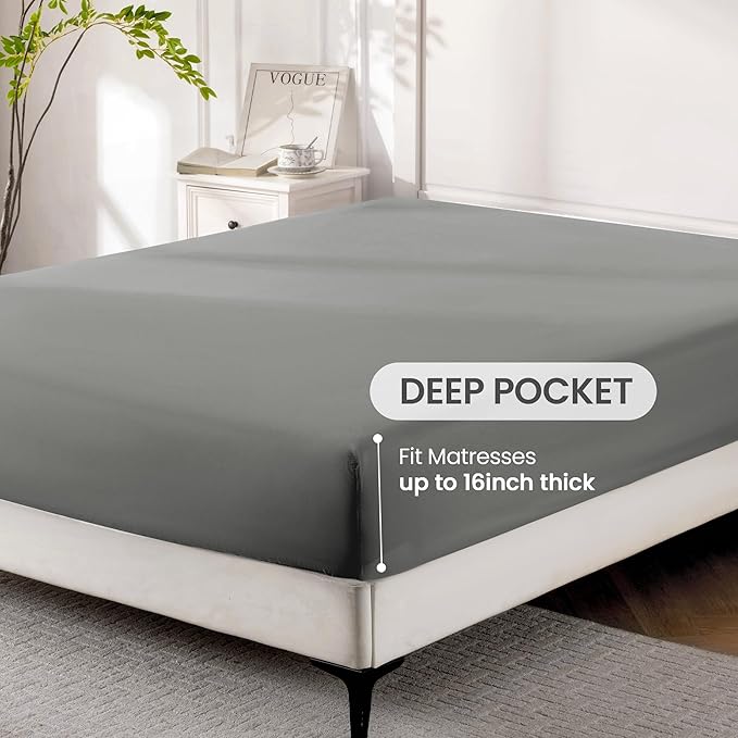 ROSE&RISY Light Grey Full Sheet Set, 4 Pieces Soft Bedding Queen Sheet Set, Breathable and Cooling, Includes 1 Fitted Sheet, 1 Flat Sheet, 2 Pillow Cases - Deep Pocket (Light Grey, Full)