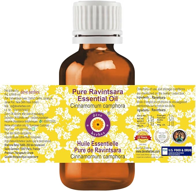 Deve Herbes Pure Ravintsara Essential Oil (Cinnamomum camphora) Steam Distilled 50ml (1.69 oz)