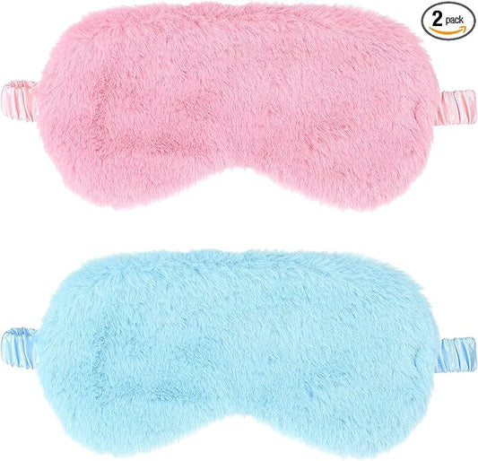 2 Pcs Plush Eye Mask Soft Sleeping Blindfold Eye Cover Comfortable Furry Faux Fur Sleeping Mask Satin Nap Night Eyeshade Cover for Women Men Gift (Blue, Pink)