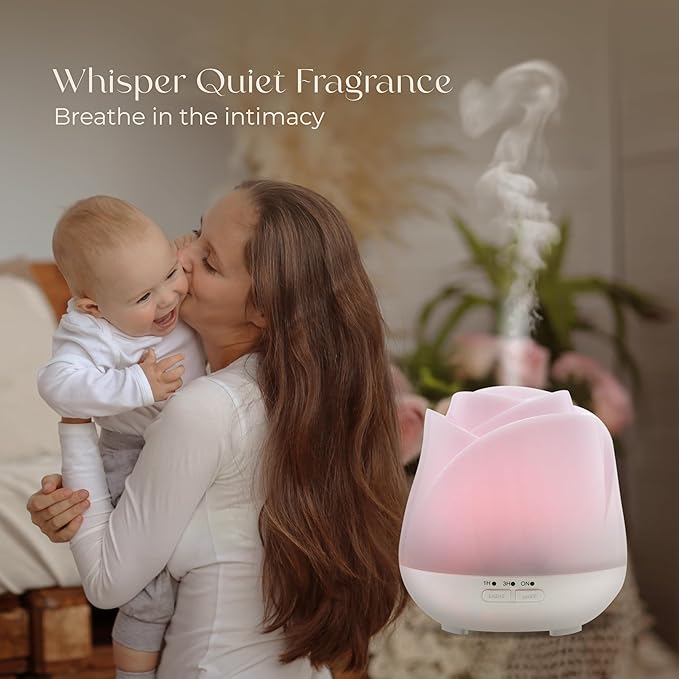 Earnest Living Rose Essential Oil Diffuser 150ml – Mini Ultrasonic Aromatherapy Humidifier for Bedroom & Desk, Quiet Mist, USB Powered, 7-Color Night Light, for Women – Solid White