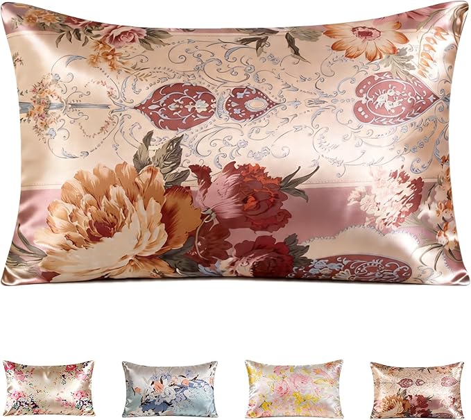 100% Mulberry Silk Pillowcase for Hair and Skin Care, Envelope Closure, Natural &Vintage Floral Printed Cooling & Slip Silk Pillow Case, Both Sides Soft Breathable, Queen Size, 1 Pack (Brown)