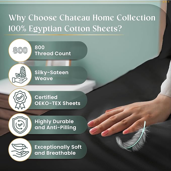 100% Cotton Sheets California King Size Sheets Set with Fitted Sheet & Pillowcase Sets, 800TC Sateen Weave 4PC 15" Deep Pocket CalKing Sheet Set, Soft & Comfy Luxury Bedding - Charcoal