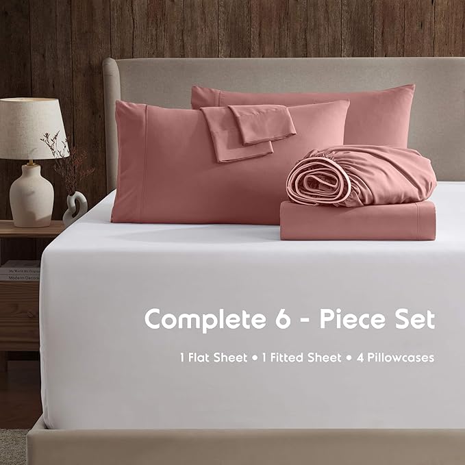 Nestl Extra Deep Queen Sheet Set - 6 Piece Breathable & Cooling Sheets - Hotel Luxury Bedding Set w/18-24 Inch Deep Pockets - Easy & Secure Fit - Super Soft, Wrinkle Free & Comfy - Pink Clay