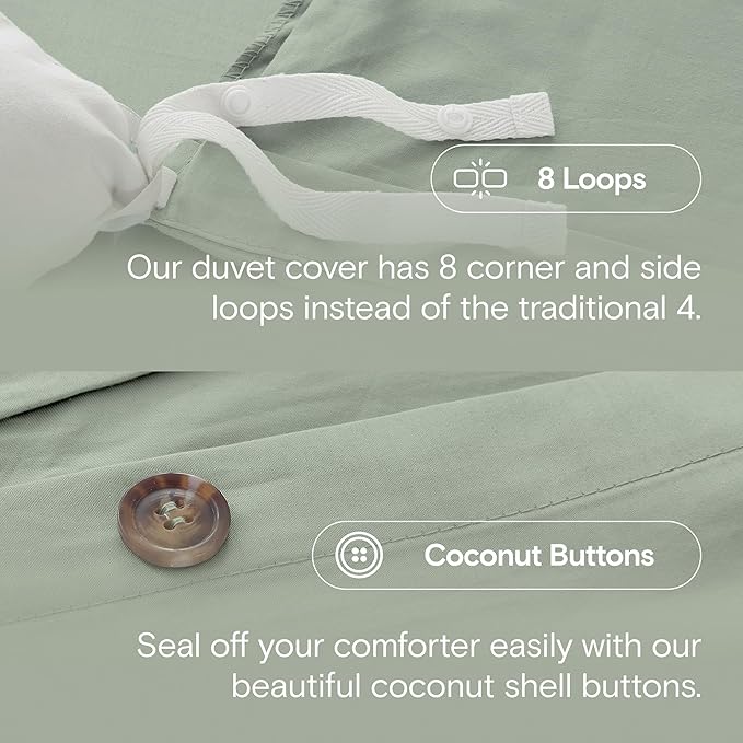 DOZ 100% Long Staple Cotton Duvet Cover Set, Soft Sateen Weave, Smooth, Breathable, Hotel Comfort, 106"x90", 8 Loops, 3pc – 2 Pillowcases 1 Duvet Cover (Sage, King/Cal King)