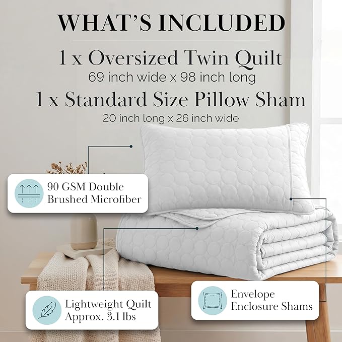 Southshore Fine Living, Inc. Twin XL Comforter Quilt Set, Dorm Room Bedding Essentials, Stain Resistant, Machine Washable Bed Spread, Twin XL White Quilt Bedspread Set w/Pillow Sham, Bright White
