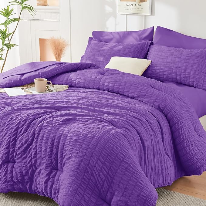 HYMOKEGE Bright Purple Queen Comforter Set Seersucker 7 Pieces, All Season Luxury Bed in a Bag Queen for Bedroom, Bedding Set with Comforter, Sheets, Pillowcases & Shams