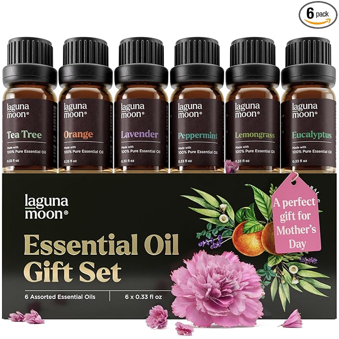 Lagunamoon Essential Oils Mothers Day Gifts Set- 6 Oils for Diffusers, Aromatherapy, Home Care, Candle Making Scents, Fragrance, Humidifiers - Peppermint, Tea Tree, Lavender, Eucalyptus, Orange (10mL)
