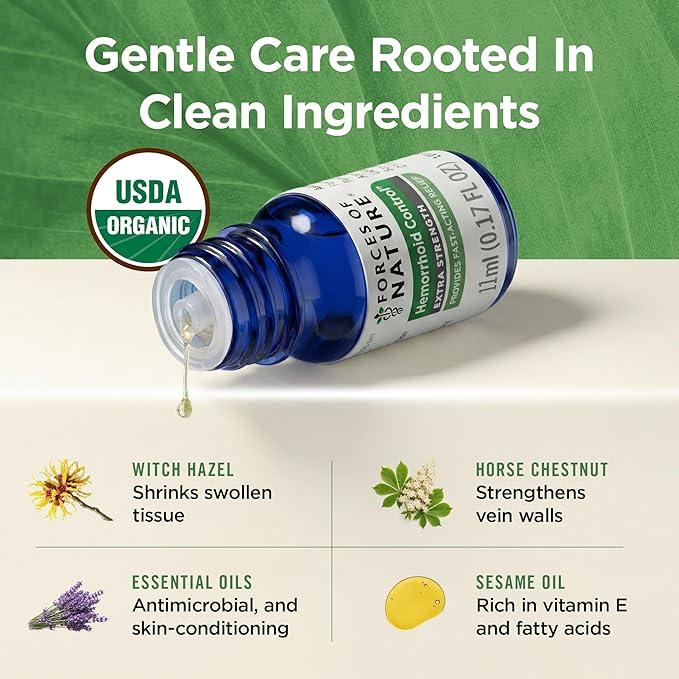Forces of Nature Hemorrhoid Control Extra Strength, Organic Homeopathic Medicine with Witch Hazel, Horse Chestnut, and Soothing Essential Oils for Itching, Swelling & Discomfort, 5ml (0.17 fl oz)