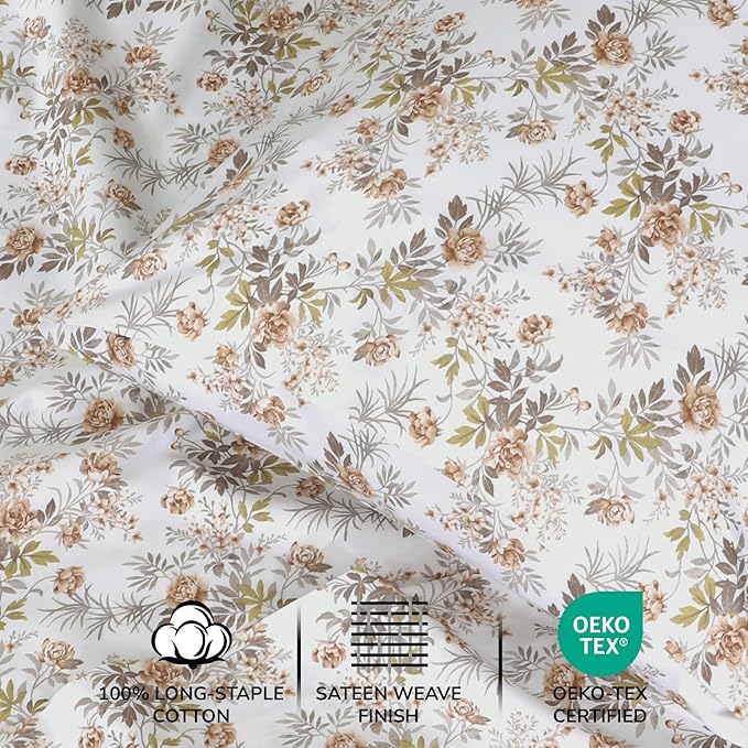 Feather & Stitch Printed 500 TC Full Size 4pc Damask Bed Sheet Set, 100% Soft Cotton Breathable Bedsheets, 18" Deep Pockets Sateen Weave Striped Bedding Mattress Resort Hotel Luxury - Rose Floral