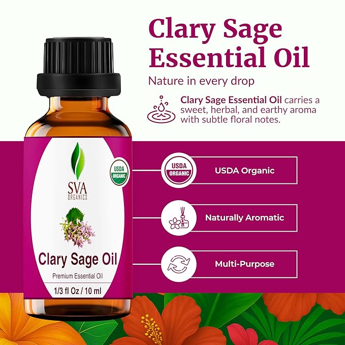 SVA Clary Sage Essential Oil Organic – 1/3 Fl Oz – 100% Natural Organic Clary Sage Oil - for Diffuser, Hair Care, Face, Skin Care, Aromatherapy, Scalp and Body Massage, Soap and Candle Making