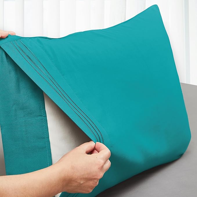 Mocassi 2-Piece Premium King Pillowcase Set 1800 Series Hotel Quality Microfiber - Soft and Breathable with 3-Line Embroidery Wrinkle and Stain Resistant, Easy Care, 20" x 40", Teal