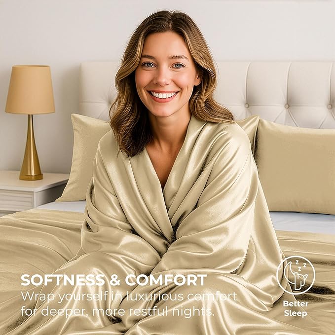 Satin Sheets Twin [3-Piece, Ivory] Hotel Luxury Silky Bed Sheets - Extra Soft 1800 Microfiber Sheet Set, Wrinkle, Fade, Stain Resistant - Deep Pocket Fitted Sheet, Flat Sheet, Pillow Cases