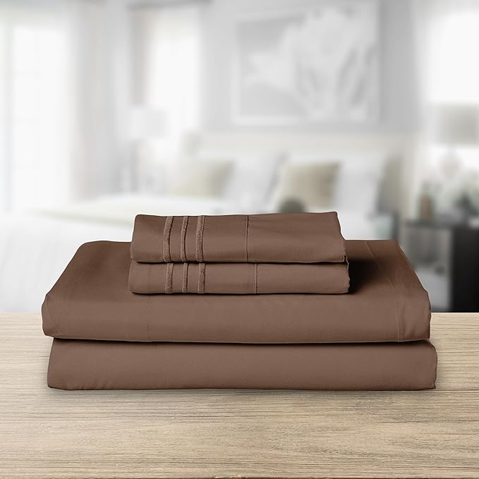 Elegant Comfort Luxurious 1500 Premium Hotel Quality Microfiber Three Line Embroidered Softest 4-Piece Bed Sheet Set, Wrinkle and Fade Resistant, King, Taupe