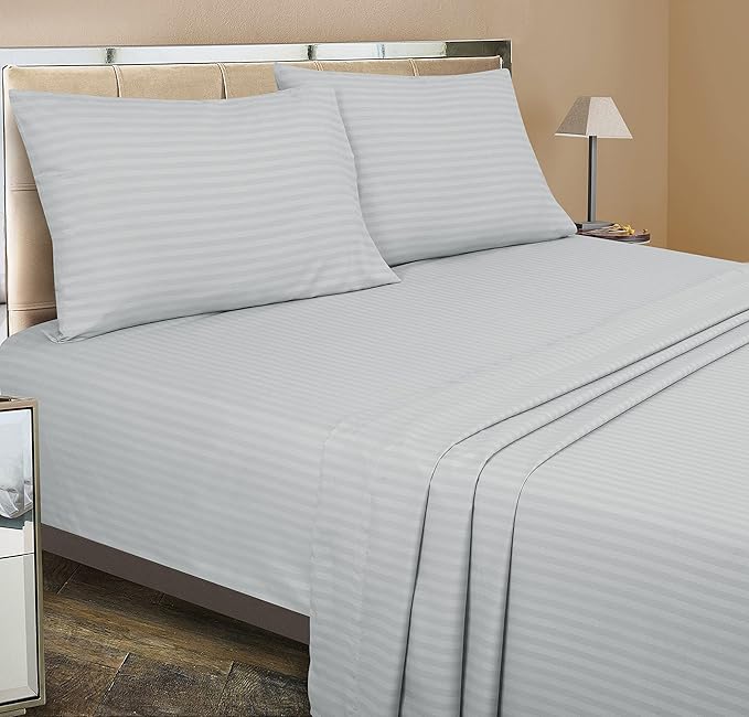 ROYALE LINENS 3 Piece Twin Sheets Set - Soft Brushed 1800 Microfiber Bedding - 1 Fitted, 1 Flat Sheet, 1 Pillow case - Wrinkle Free & Fade Resistant - Hotel Luxury Bed Sheets (Stripe Silver, Twin)