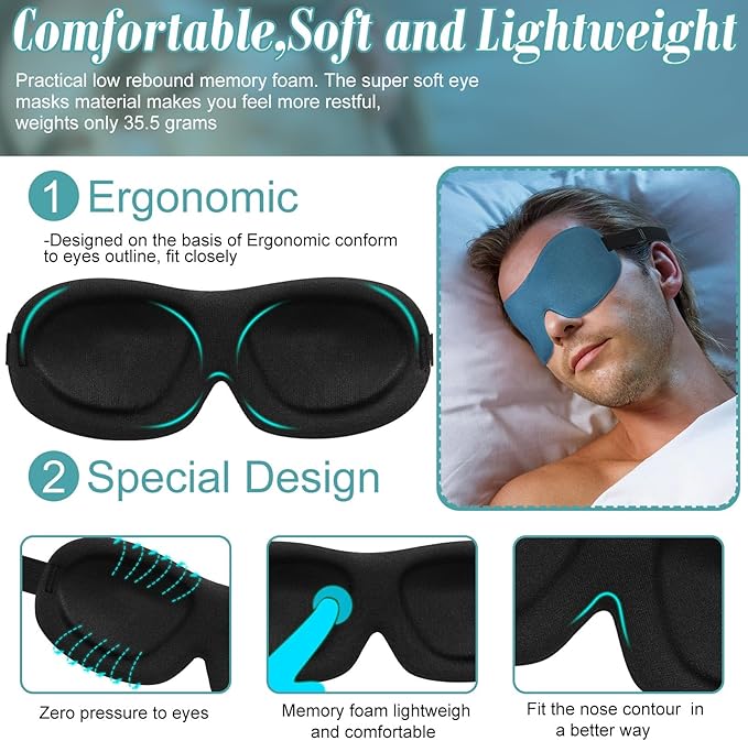 Bencailor 8 Pcs Sleep Mask for Side Sleeper 3D Eye Masks for Sleeping Blackout Eye Cover Shade Night Blindfold with Adjustable Strap for Women Men Sleeping Game Gifts(Medium,Solid Color)