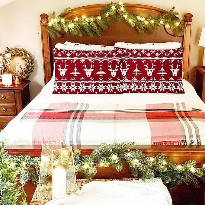 YIYEA Christmas Pillow Cases Queen Size Set of 2, Ultra Soft Double Brushed Microfiber Pillowcases Queen, Christmas Reindeer Bed Pillow Covers, Fade Resistant, Easy Slip-On (20"x30")