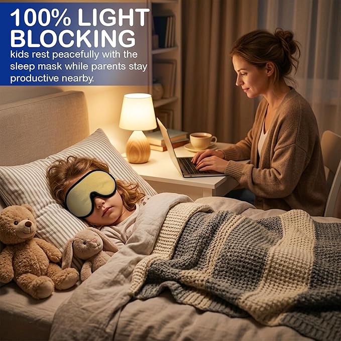 3D Sleep Mask for Kids, Light Block Sleeping Blindfold Memory Foam Contoured Eye Mask for Sleep, Adjustable Strap Eye Cover and Travel Sleep Mask for Boys Girls, Yellow