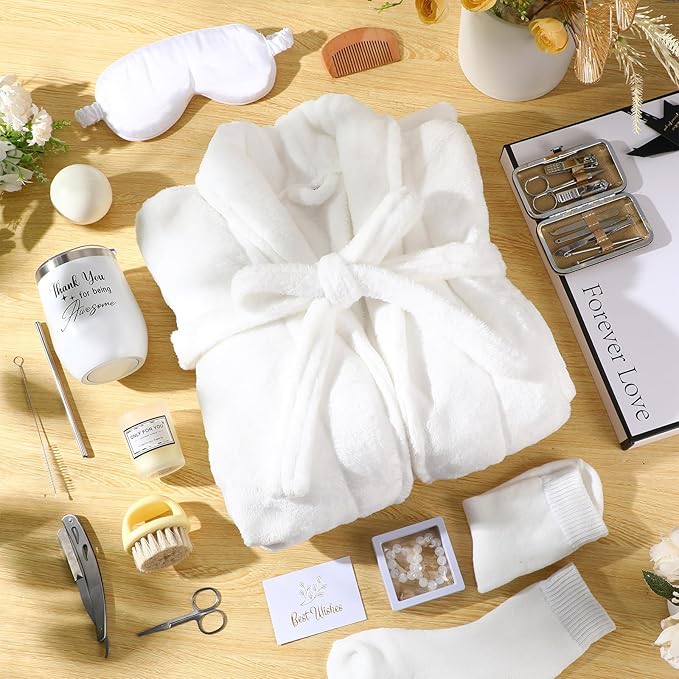 Nuogo 15 Pcs Birthday Gifts for Men Beard Care Set for Him Dad Birthday Gifts Basket Ideas Kit for Men Tumbler Bath Robe for Father's Day Dad Husband Boyfriend Box(Unhooded,White)