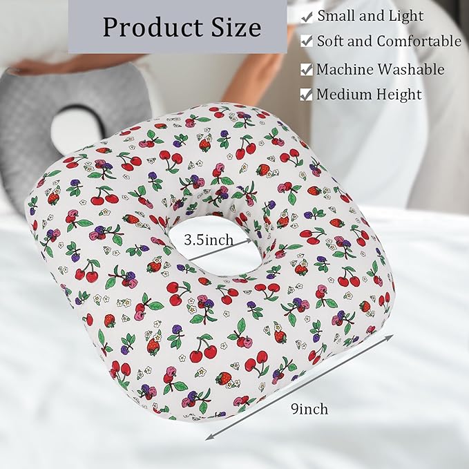 Ear Piercing Pillow for Side Sleepers, Pillow with an Ear Hole for CNH and Ear Pain Ear Inflammation Pressure Sores, O-Shaped Side Sleeping Pillow, Ear Guard Pillow (White Cherry)
