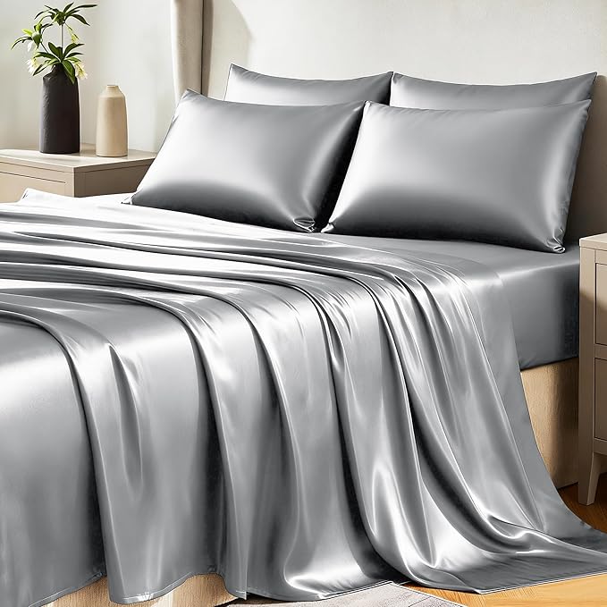 CozyLux Satin Sheets Full Size Sheets - 6 Piece Silky Full Size Bed Sheets, Luxury Light Grey Full Bed Set with Smooth and Soft Microfiber, Includes 1 Fitted Sheet, 1 Flat Sheet and 4 Pillowcases