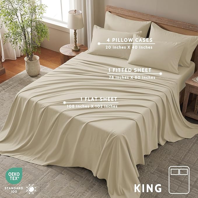 King Size Sheets Set - 6 Piece Luxuriously Soft & Cooling Sheets King Size - Ultra Soft 16" Deep Pocket King Sheet Set - Fitted Sheet & Pillowcase Sets (King Beige)