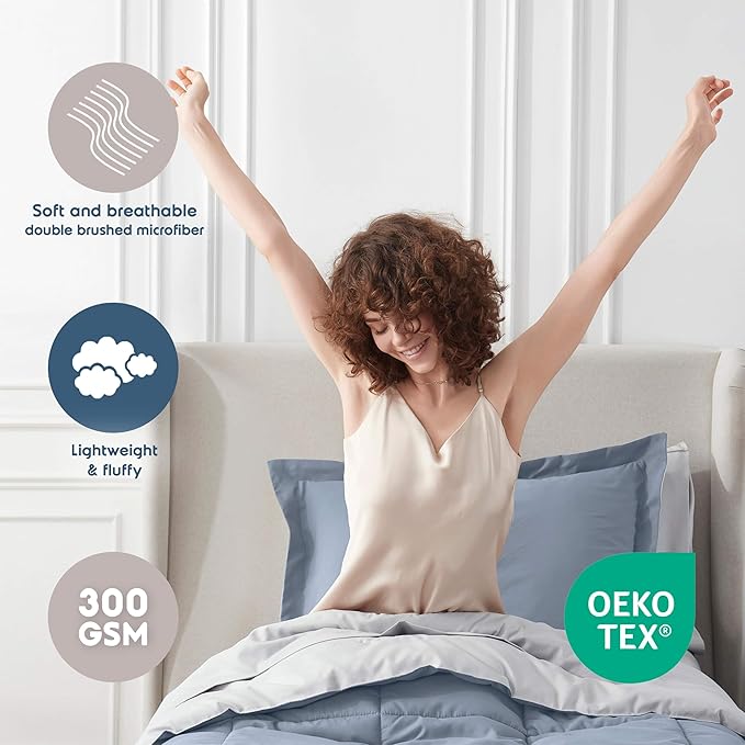 Nestl 7 Piece Twin Comforter Set – Stone Blue Reversible Bed in a Bag – Complete Twin Size Bedding Set with Sheets, Set of 2 Down Alternative Pillows, Pillowcase and Sham