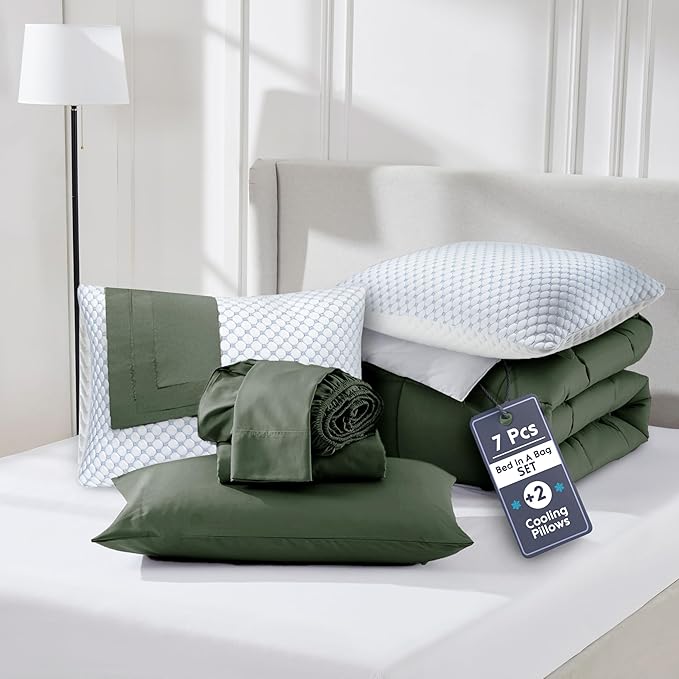 Nestl 7 Piece Twin Comforter Set – Olive Green Reversible Bed in a Bag – Complete Twin Size Bedding Set with Sheets, Set of 2 Cooling Pillows, Pillowcase and Sham