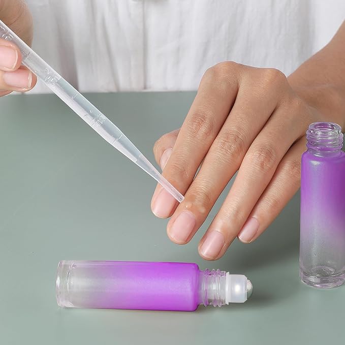 SESENSE Essential Oil Roller Bottles, 10ml Thick Glass Perfume Roller Bottles with Funnel Opener and Dropper Colored Glass Empty Bottles with Stainless Steel Roller Balls (Purple, 12 Pack)