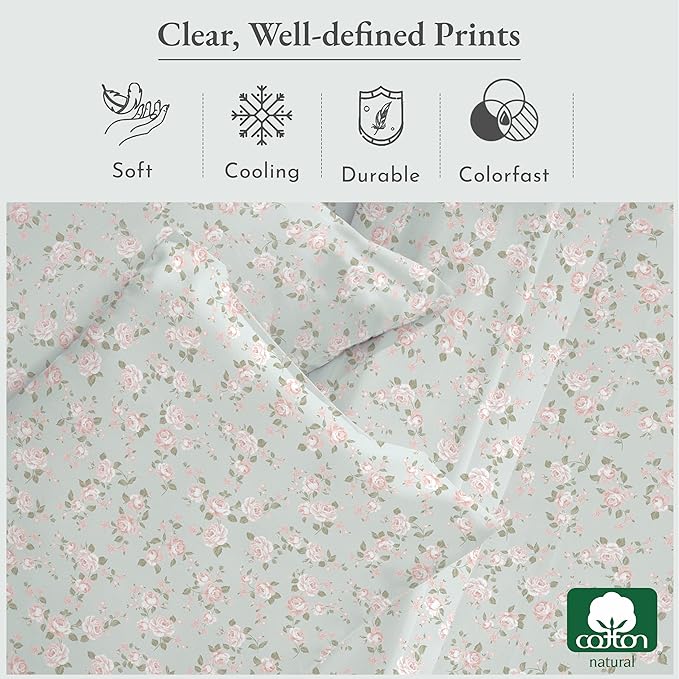 California Design Den Sheet Set Rose King Size Bed Sheets, Deep Pocket King Sheets & Pillowcase Set, Soft Sateen Weave - Vintage Rose