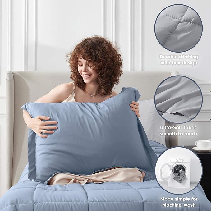 Nestl 7 Piece Twin XL Comforter Set – Stone Blue Reversible Bed in a Bag – Complete Twin XL Size Bedding Set with Sheets, Set of 2 Cooling Pillows, Pillowcase and Sham